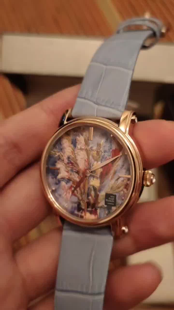 梵高(vangogh)瑞士手表女士进口 艺术防水石英腕表牛皮表带时尚休闲